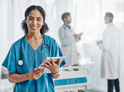 Buy stock photo Healthcare, tablet and portrait of black woman nurse or doctor in hospital for support, success and help. Health, wellness and medicine, confident medical worker with smile, stethoscope and doctors.