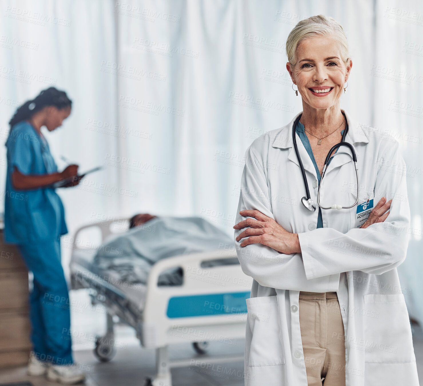 Buy stock photo Healthcare, leadership and portrait of senior woman doctor in hospital with confidence and success in medical work. Health, pride and medicine, confident mature professional with stethoscope in room.