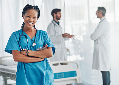Healthcare, nurse and confidence, portrait of black woman in hospital for support, success and help in medical work. Health, wellness and medicine, confident nurse with smile, stethoscope and doctors