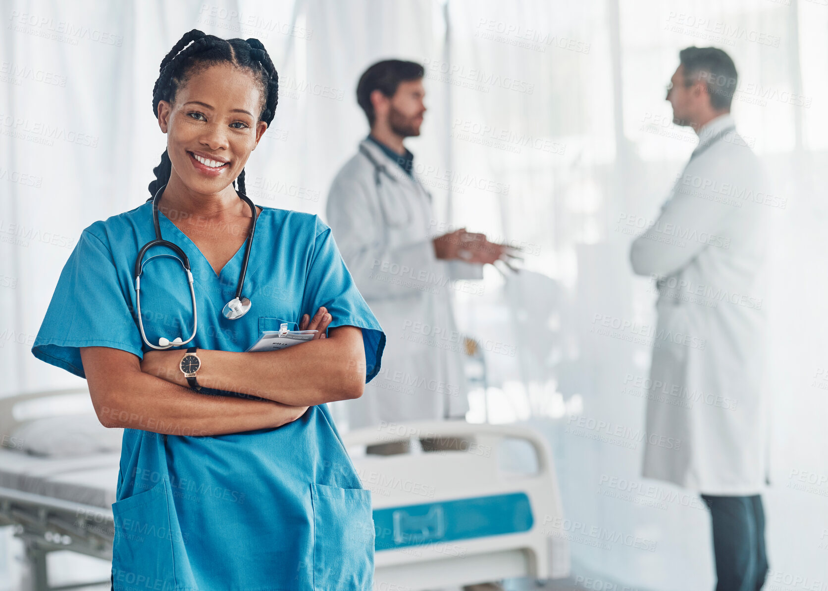 Buy stock photo Healthcare, nurse and confidence, portrait of black woman in hospital for support, success and help in medical work. Health, wellness and medicine, confident nurse with smile, stethoscope and doctors