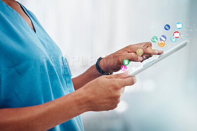 Buy stock photo Doctor, hands and tablet in healthcare research, app or software icons for innovation or communication at clinic. Hand of woman medical expert, nurse or specialist on touchscreen for medicare search