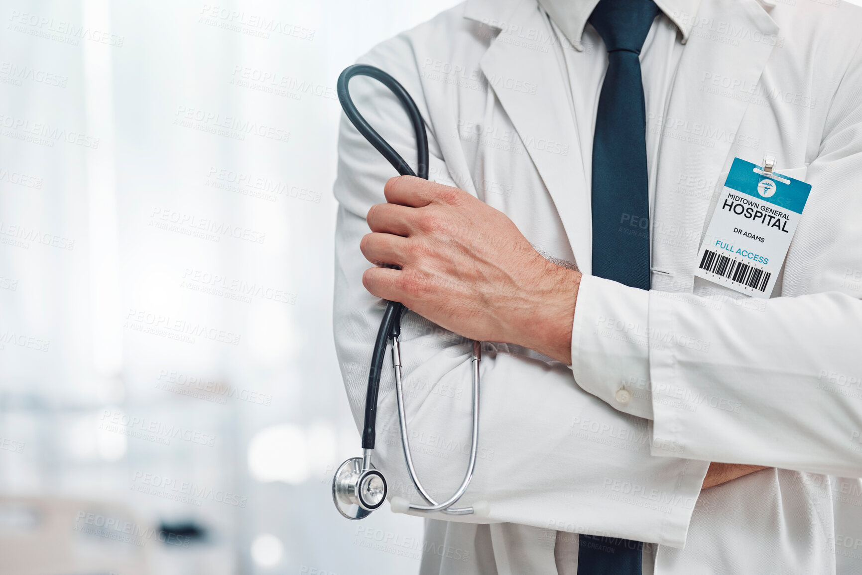 Buy stock photo Doctor, hands and arms crossed with stethoscope for healthcare cardiology or life insurance at hospital. Hand of confident medical expert or professional specialist standing ready at clinic on mockup