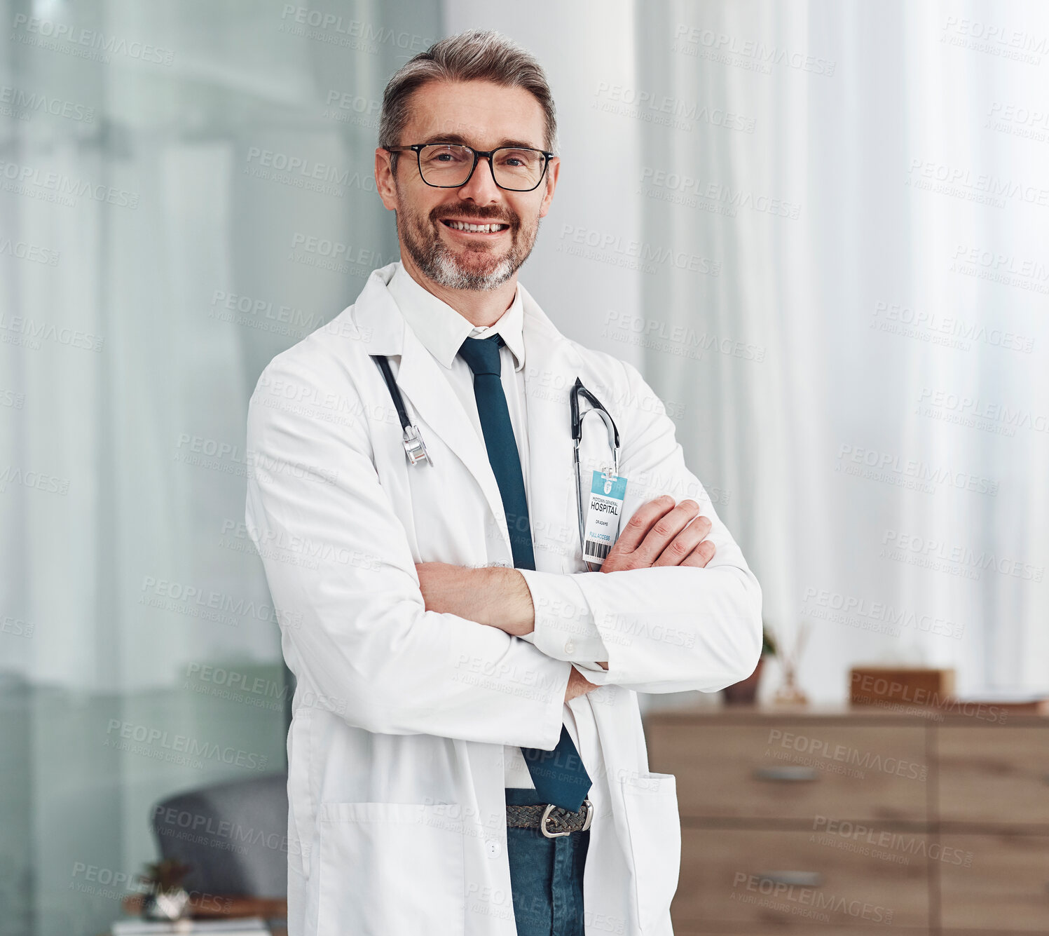 Buy stock photo Healthcare, smile and portrait of doctor, man in hospital for support, success and help in medical work. Health, wellness and medicine, confident mature professional with stethoscope and leadership.