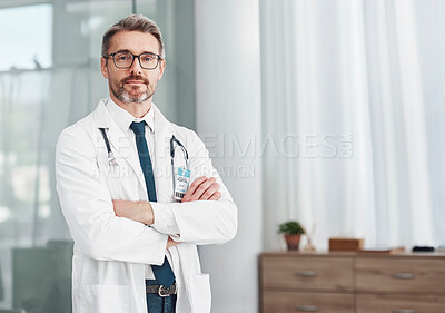 Buy stock photo Healthcare, leadership and portrait of doctor, man in hospital for support, success and help in medical work. Health, wellness and medicine, confident mature professional with stethoscope and mockup.