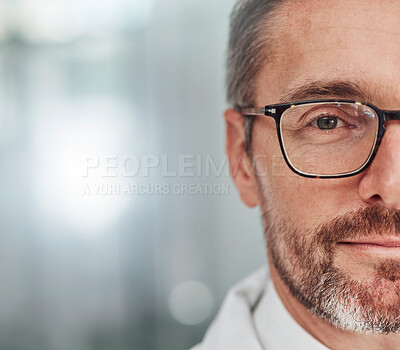 Buy stock photo Doctor, face and portrait smile for healthcare, vision or career ambition in life insurance on mockup. Closeup of happy male medical expert half smiling for medicare against a blurred background