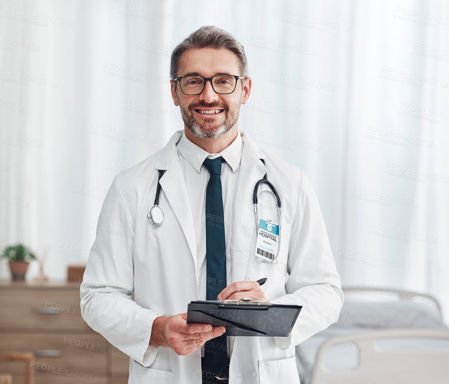 Buy stock photo Healthcare, leadership and portrait of doctor, man in hospital for support, success and help in medical work. Health, medicine and confident mature professional with stethoscope, smile and clipboard.