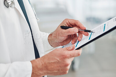Buy stock photo Doctor, reading or hands writing checklist for healthcare consulting, medical information or insurance detail. Nurse, medicine or worker on documents, wellness report planning or paper administration