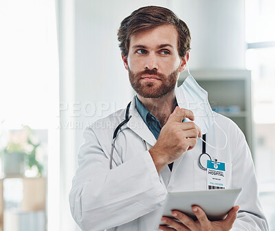 Buy stock photo Healthcare, tablet and doctor with mask in hospital for wellness, medical care and surgery report. Covid mockup, life insurance and man with digital tech for research, patient data and telehealth app