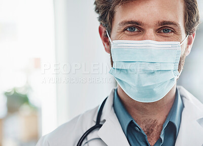 Healthcare, leadership and portrait of doctor with mask, man in hospital for covid support, success and help in medical work. Health, medicine and confident professional with stethoscope and mockup.