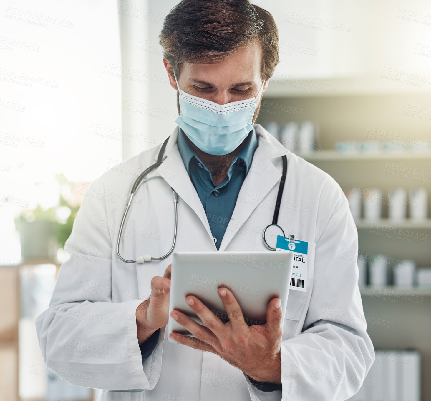 Buy stock photo Healthcare, tablet and doctor with mask for medical care, wellness and research analysis in hospital. Covid, insurance and health worker on digital tech for internet, patient data and telehealth app