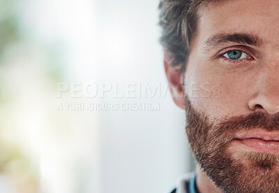 Buy stock photo Doctor man, portrait headshot and mockup space in hospital with vision, help and medical service. Professional medic, face and blurred background at hospital, clinic and mock up for healthcare job