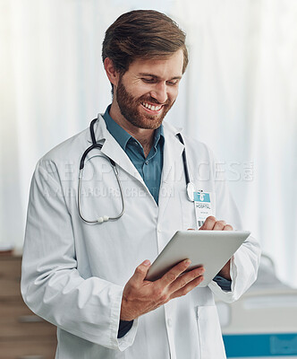 Healthcare, research and doctor with smile on tablet for wellness, medical abstract and analysis. Hospital, insurance and health worker on digital tech for internet, patient data and telehealth app