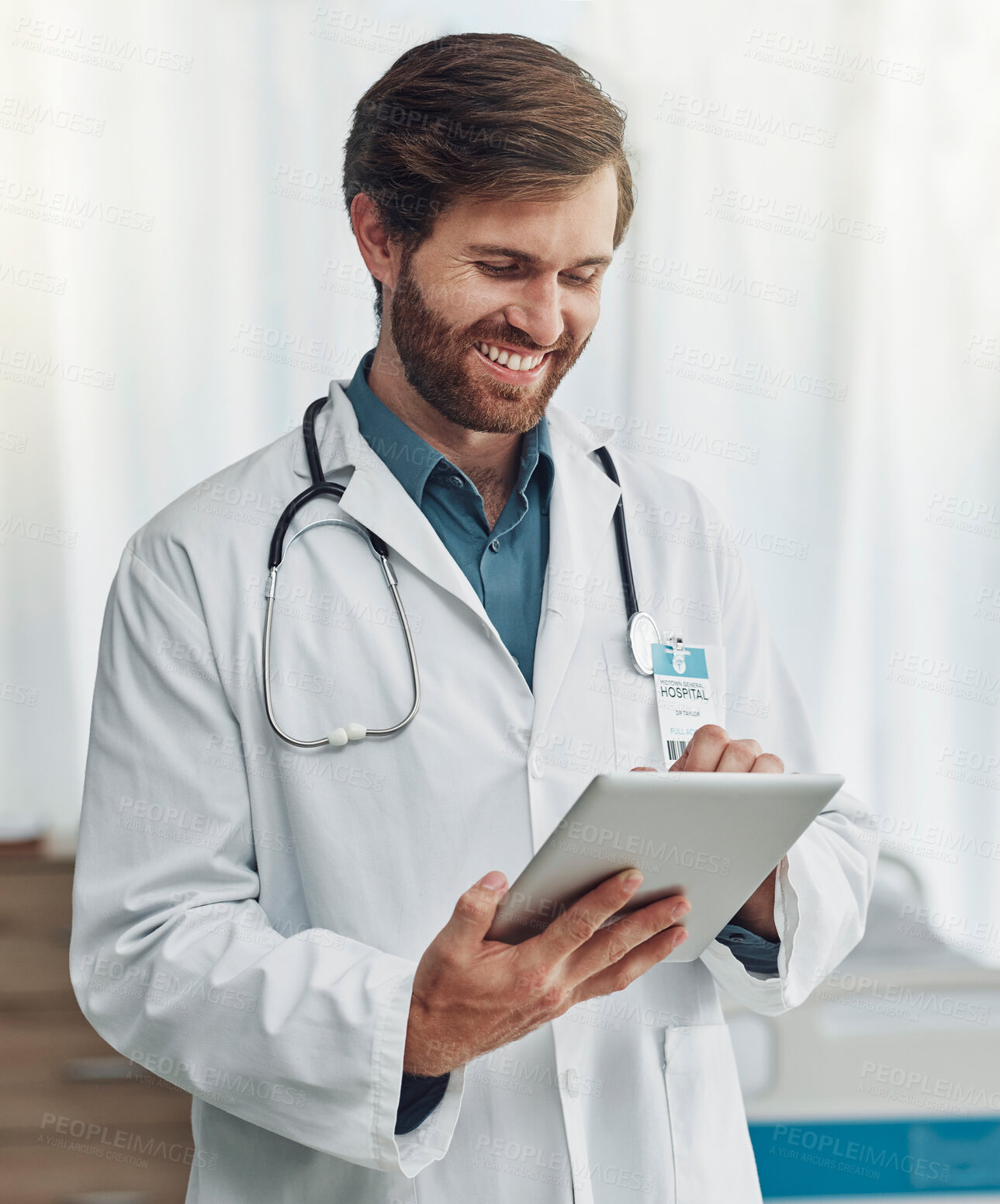 Buy stock photo Healthcare, research and doctor with smile on tablet for wellness, medical abstract and analysis. Hospital, insurance and health worker on digital tech for internet, patient data and telehealth app