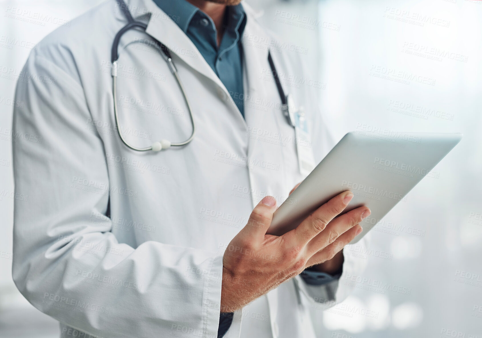 Buy stock photo Healthcare, research and hands of doctor with tablet for wellness, medical abstract and analysis. Hospital, insurance and health worker on digital tech for internet, patient report and telehealth app