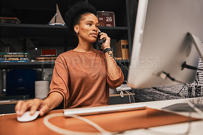 Buy stock photo Telephone, office and business woman on computer working on corporate project while on call. Professional, career and African female employee doing research on desktop for company report in workplace