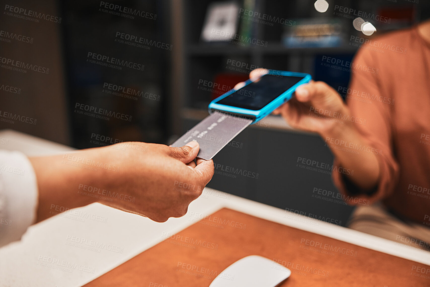 Buy stock photo Closeup, hands and credit card for cashless payment, discount and ecommerce with client in store. Zoom, machine and contactless transaction with retail sale, fintech and digital money for purchase