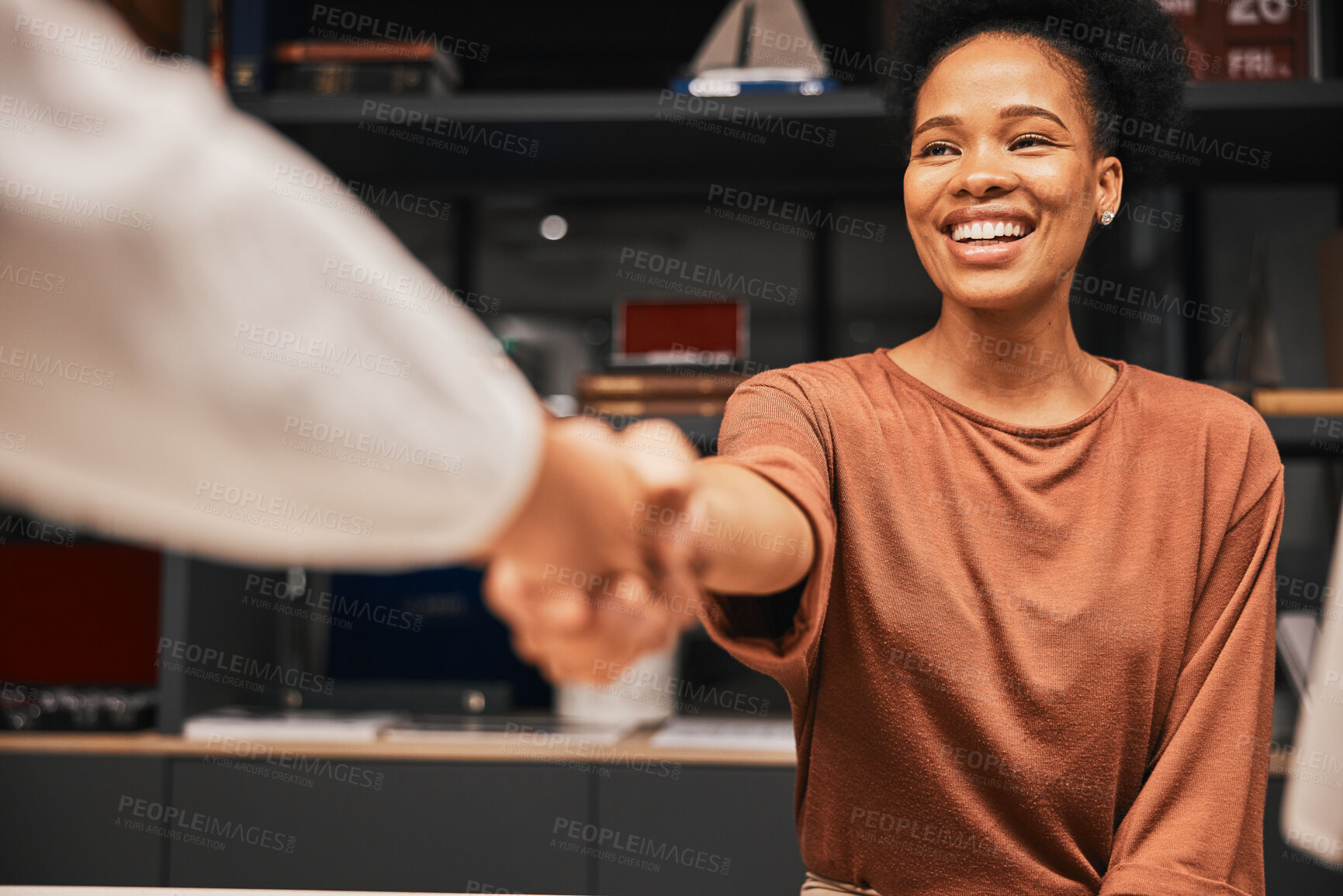 Buy stock photo Handshake, interview and black woman meeting an employee for a deal, thank you or partnership. Business, hr and African professional shaking hands with a corporate partner for a welcome or promotion