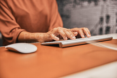 Buy stock photo Business woman, hands typing and receptionist writing notes on a computer. Email, laptop and office working of a person doing a web and internet search planning a work schedule and secretary job