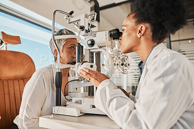 Buy stock photo Senior eye exam, glaucoma specialist and medical eyes test of elderly woman at doctor consultation. Vision, healthcare focus and old female patient with consulting wellness expert for lens check