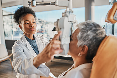 Buy stock photo Eye exam, vision and black woman with patient in optometry clinic for eyesight and optical assessment. Healthcare, optometrist consultation and doctor medical equipment, phoropter and lens for eyes