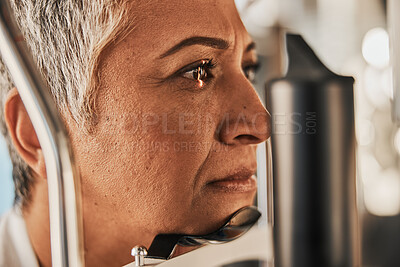 Buy stock photo Laser, vision or senior woman in eye exam for eyesight at optometrist office in assessment or consultation. Face of mature female customer testing or checking iris, glaucoma or retina visual health 