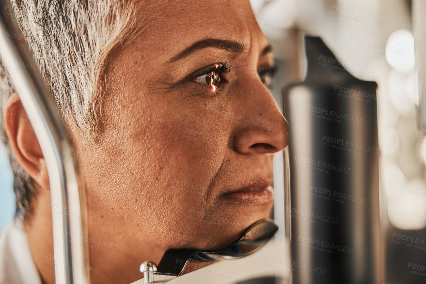 Buy stock photo Laser, vision or senior woman in eye exam for eyesight at optometrist office in assessment or consultation. Face of mature female customer testing or checking iris, glaucoma or retina visual health 