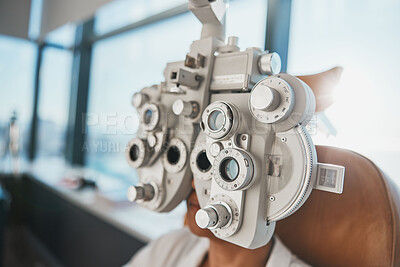 Buy stock photo Ophthalmology phoropter, patient consultation or eye exam for vision, healthcare or wellness. Senior woman, ophthalmologist care and health for eyes in office, hospital or store for vision assessment