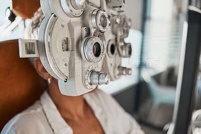 Buy stock photo Ophthalmologist phoropter, patient consultation or eye exam for vision, healthcare or wellness. Senior woman, ophthalmology care and health for eyes in office, hospital or store for vision assessment