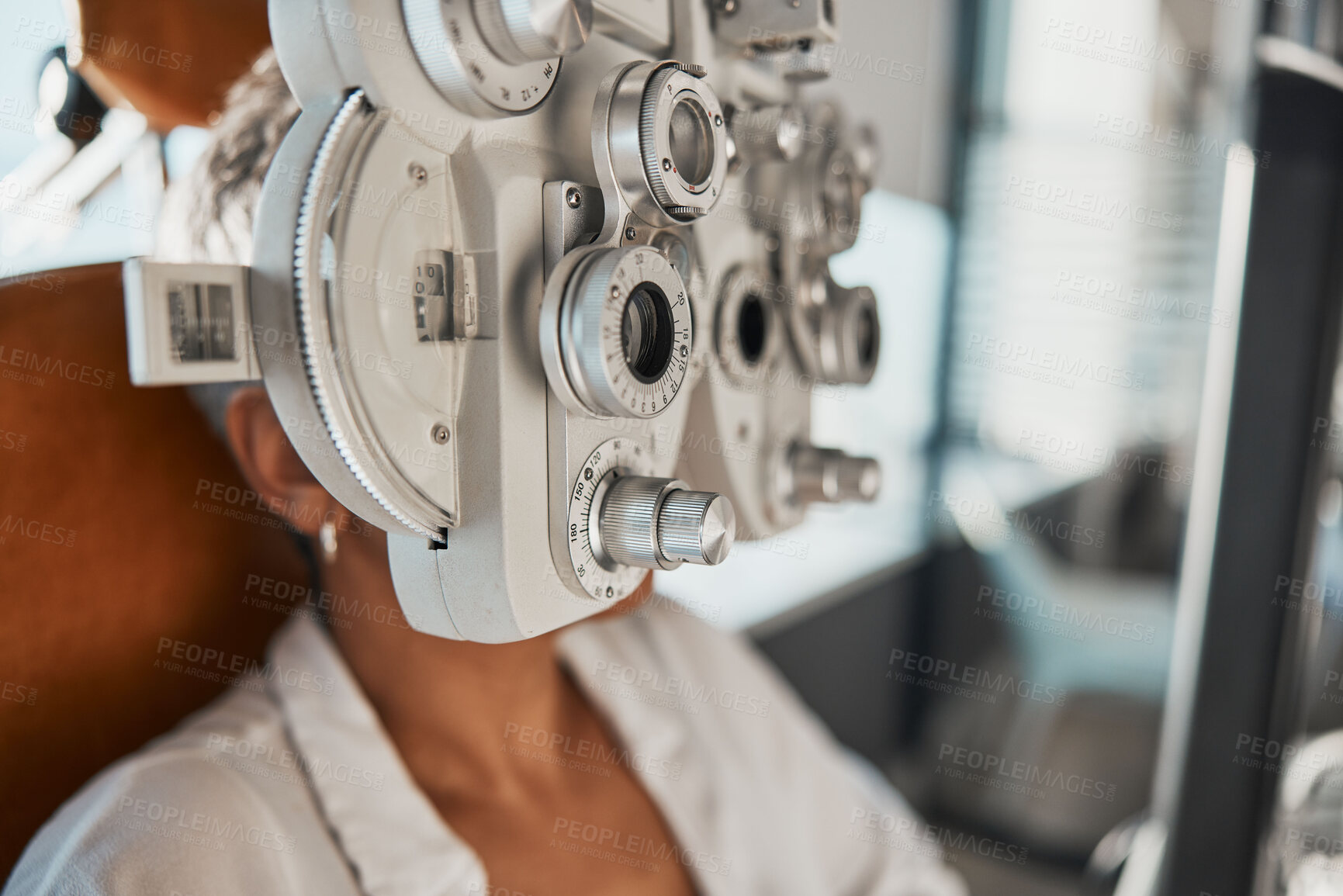 Buy stock photo Ophthalmologist phoropter, patient consultation or eye exam for vision, healthcare or wellness. Senior woman, ophthalmology care and health for eyes in office, hospital or store for vision assessment