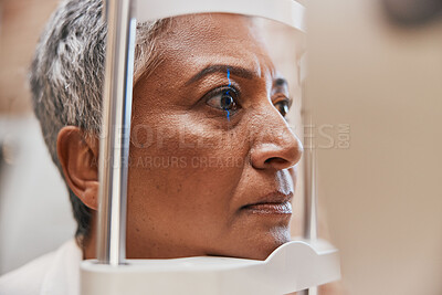 Buy stock photo Laser, face or senior woman in eye exam for eyesight at optometrist or ophthalmologist office. Zoom of optician helping a mature customer testing or checking vision, iris or retina visual health 