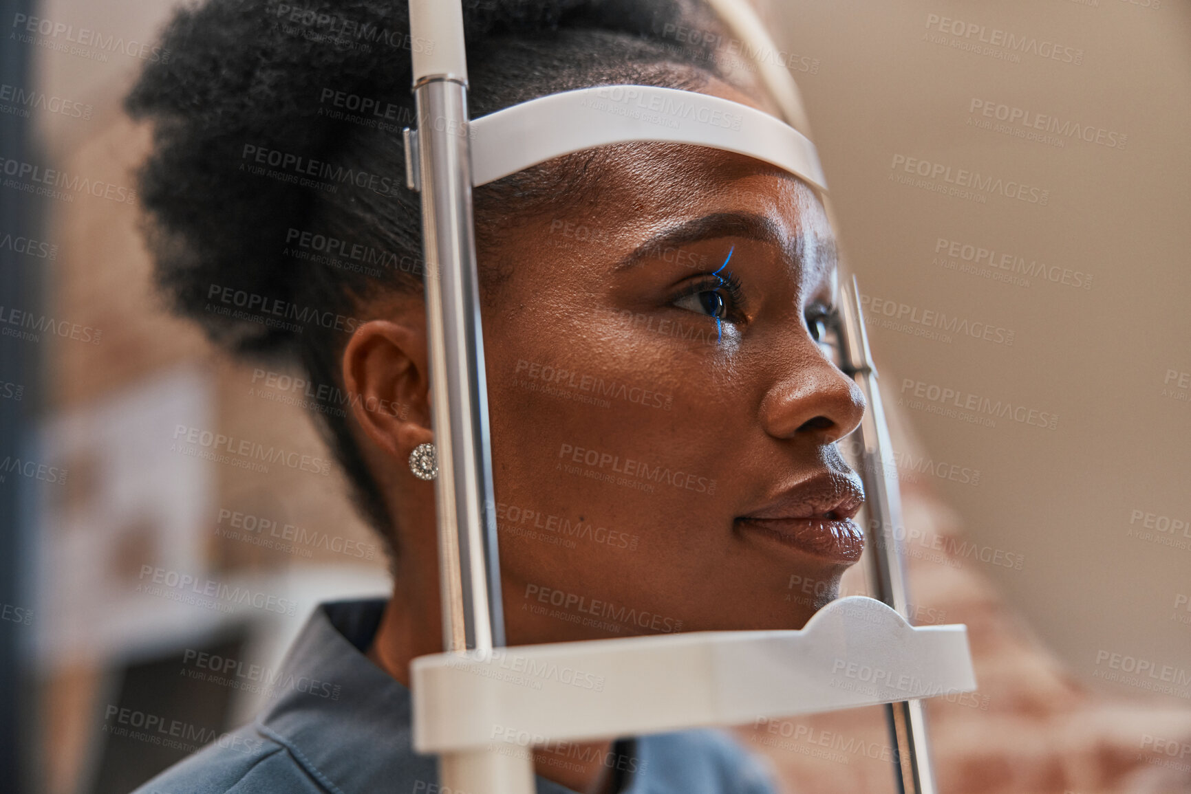 Buy stock photo Laser, vision or black woman in eye exam for eyesight at optometrist or ophthalmologist consulting office. Face of optician helping a African customer testing or checking iris or retina visual health