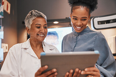 Buy stock photo Tablet, optometry and optometrist talking to a patient about eye test results or consultation. Vision, technology and senior optician speaking to a black woman with a touchscreen at an optical clinic