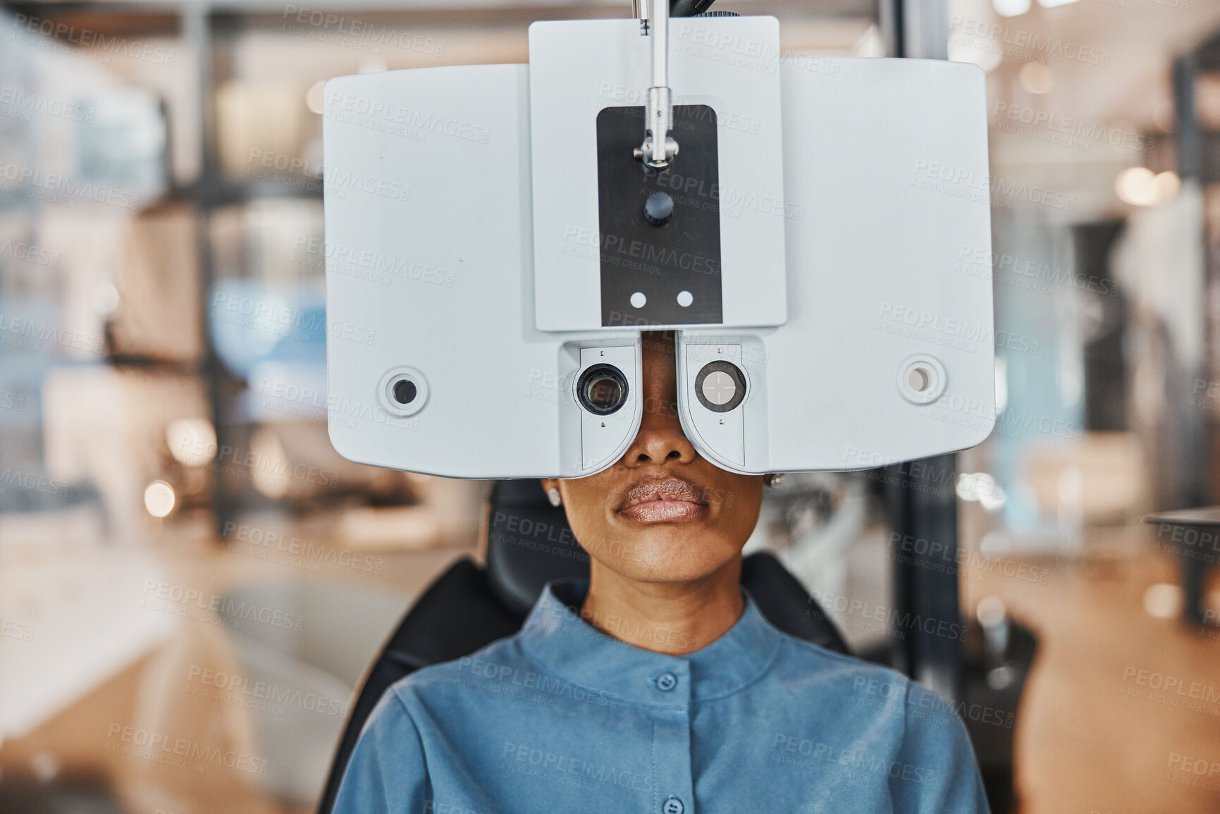 Buy stock photo Vision, eye exam and black woman in optometry clinic for testing, eyesight and optical assessment. Healthcare, optometrist consultation and patient with medical equipment, phoropter and lens for eyes