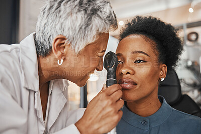 Buy stock photo Doctor, vision or black woman in eye exam assessment consultation for eyesight at optometrist office. Mature or senior optician helping a customer testing or checking iris or retina visual health