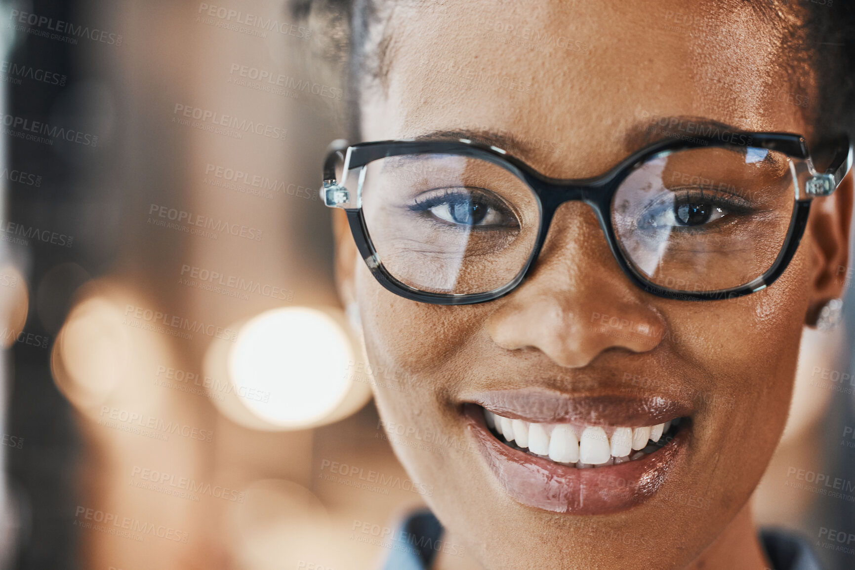 Buy stock photo Vision, mockup and portrait of black woman with glasses for eyesight on blurred background with bokeh. Prescription eyewear, smile and eyes, happy african model for eye care and cool spectacle frame.