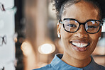 Glasses portrait, black woman and customer in a store with happiness and mockup. Eye consulting, smile and eyewear assessment in a frame shop for vision test and prescription exam with mock up