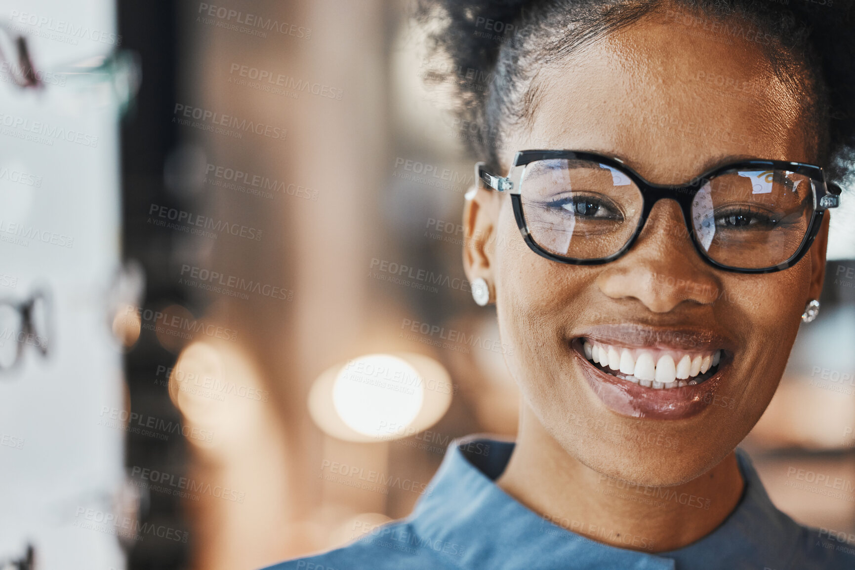 Buy stock photo Glasses portrait, black woman and customer in a store with happiness and mockup. Eye consulting, smile and eyewear assessment in a frame shop for vision test and prescription exam with mock up