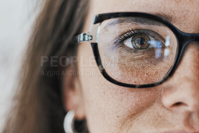 Buy stock photo Half face, eyes and woman with glasses for optical healthcare, vision or perception. Female, portrait and spectacles of eye care, optometry and frames for cosmetic fashion, lens choice or sight