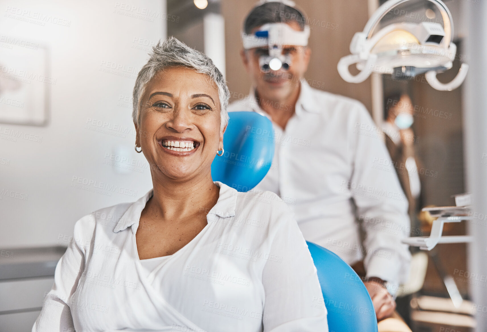 Buy stock photo Portrait, happy and dental with a woman patient in a doctor office for oral hygiene or health. Smile, teeth and healthcare with a senior female sitting in a chair at the dentist for hygiene