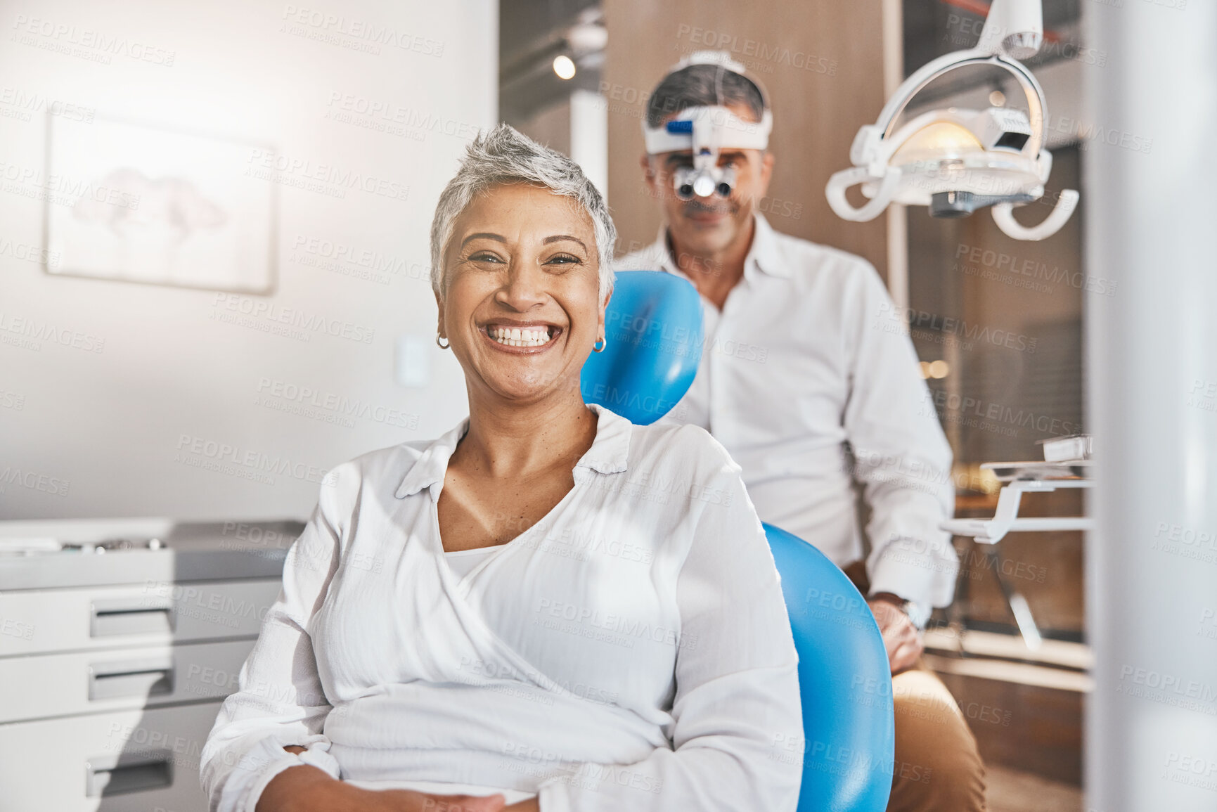 Buy stock photo Portrait, face or doctor with happy woman in eye exam for eyesight at optometrist office with smile. Senior optician helping a mature customer testing or checking vision, iris or retina visual health