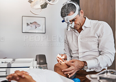 Buy stock photo Eye surgery, vision repair and doctor working on healthcare, wellness and eyes procedure. Hospital, clinic and medicare worker with a woman patient and medical cut for optometrist operation 