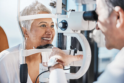 Buy stock photo Senior woman, eye exam and optometrist with medical eyes test at doctor consultation. Vision, healthcare focus and old female patient with consulting wellness expert for lens and glasses check