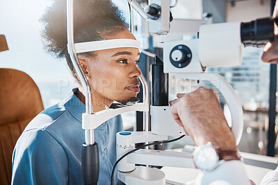 Buy stock photo Eye exam or black woman consulting doctor for eyesight at optometrist or ophthalmologist. Face of African customer testing vision with optician helping or testing iris or retina visual health