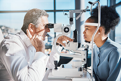 Buy stock photo Eye doctor, machine or black woman consulting for help with eyesight with slit lamp at optometrist. Optician talking or asking customer questions with fingers to check vision, iris or retina health