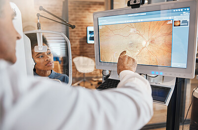 Buy stock photo Tomography, medical and ophthalmology with eye exam and doctor for vision, healthcare and screening test. Lens, review and optometry with patient and man for retina picture, results and medicine