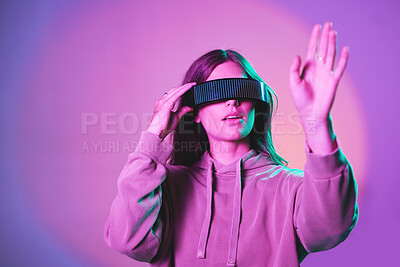 Buy stock photo Woman, vr and futuristic cyberpunk glasses on metaverse app for online game or video on neon purple background. Virtual reality, future fashion and digital augmented reality google on model in studio