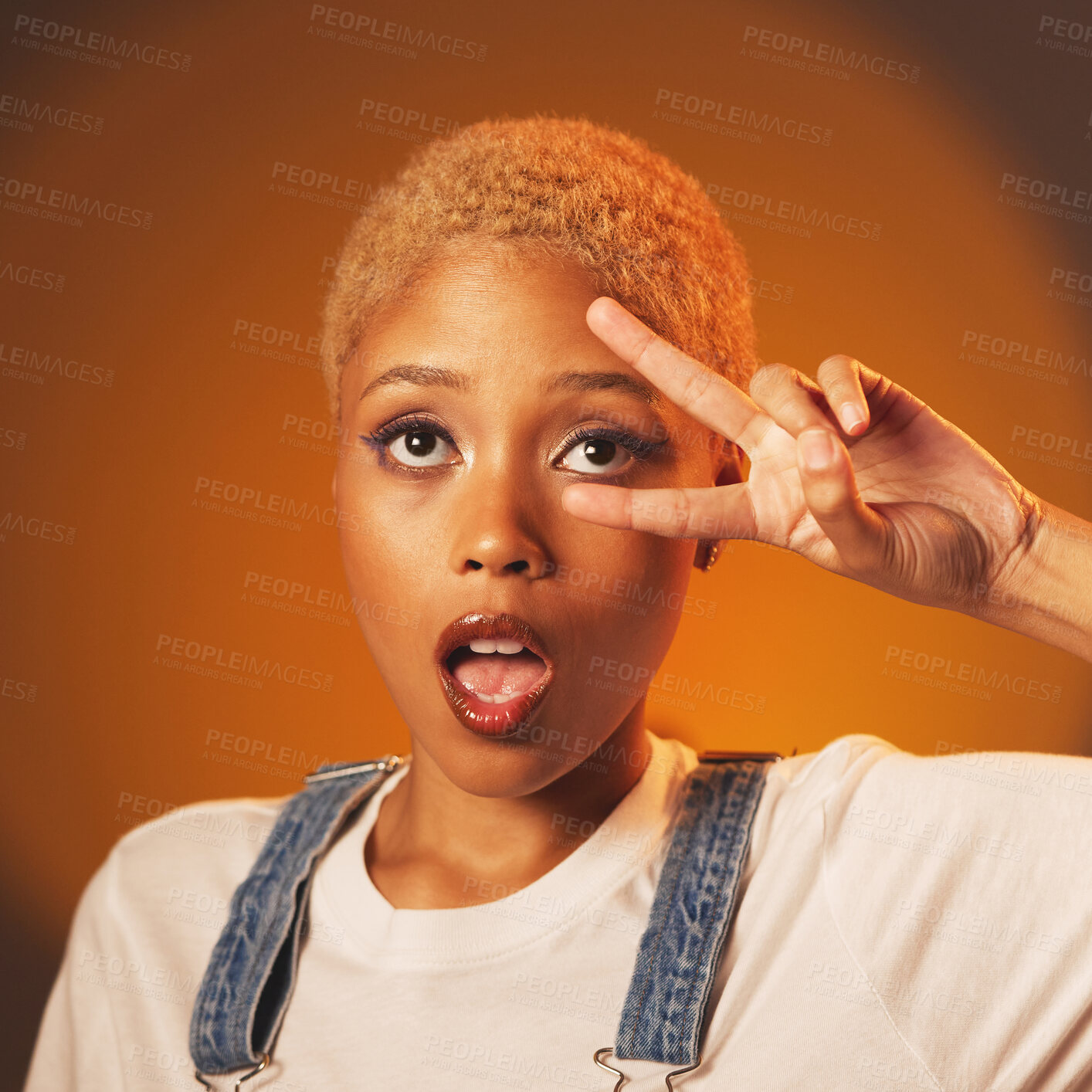 Buy stock photo Peace sign, surprise and black woman with success, casual outfit and brown studio background. African American female, lady and expression with hand gesture, wow and fashion with emoji and motivation