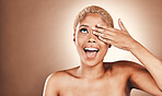 Crazy, skincare and black woman covering eye isolated on a brown background in a studio. Comic, beauty and model with hand to cover eyes for happiness, playful and comedy on a backdrop with mockup