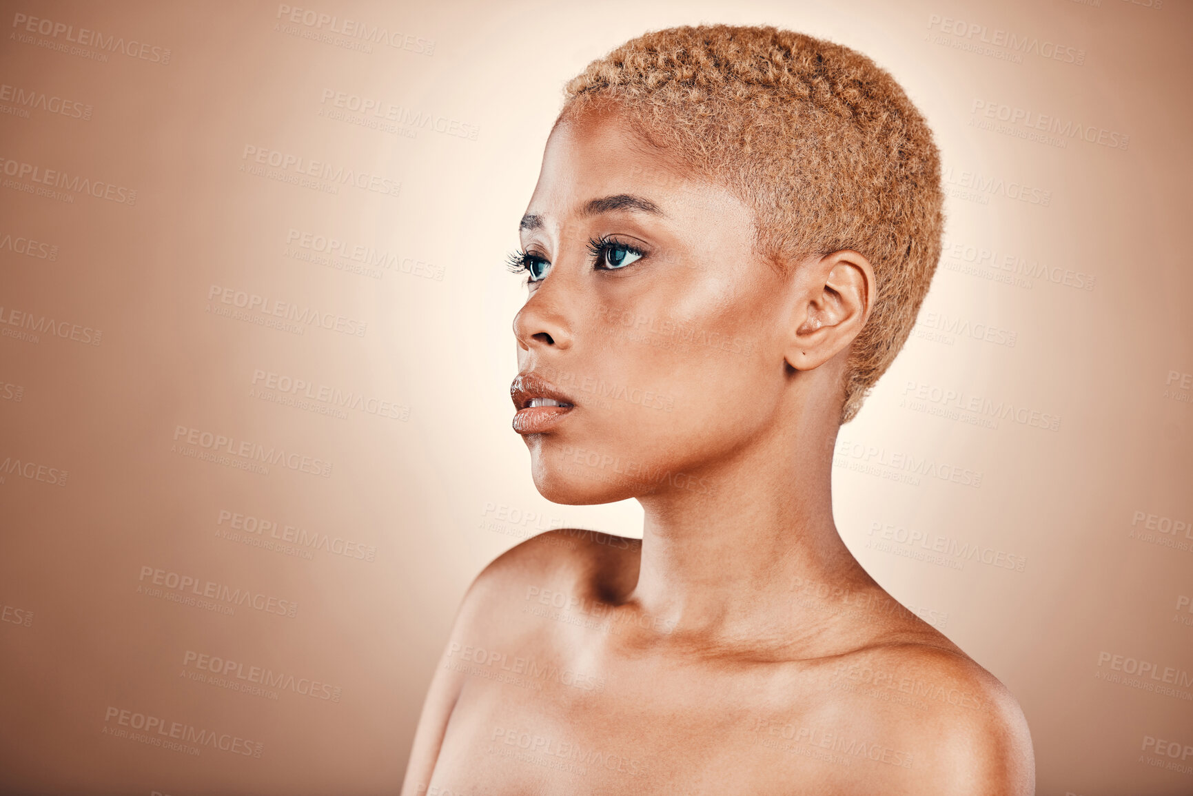 Buy stock photo Beauty, skincare and profile of black woman in studio, mockup and bronze luxury cosmetics. Natural makeup, spa facial and aesthetic on serious model on brown background with glowing skin and thinking