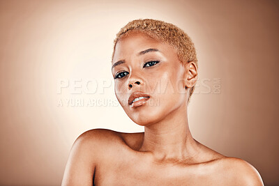 Buy stock photo Beauty, skincare and bronze, black woman in studio with mockup and luxury cosmetics promo with advertising space. Natural makeup, spa facial and aesthetic, model on brown background with glowing skin